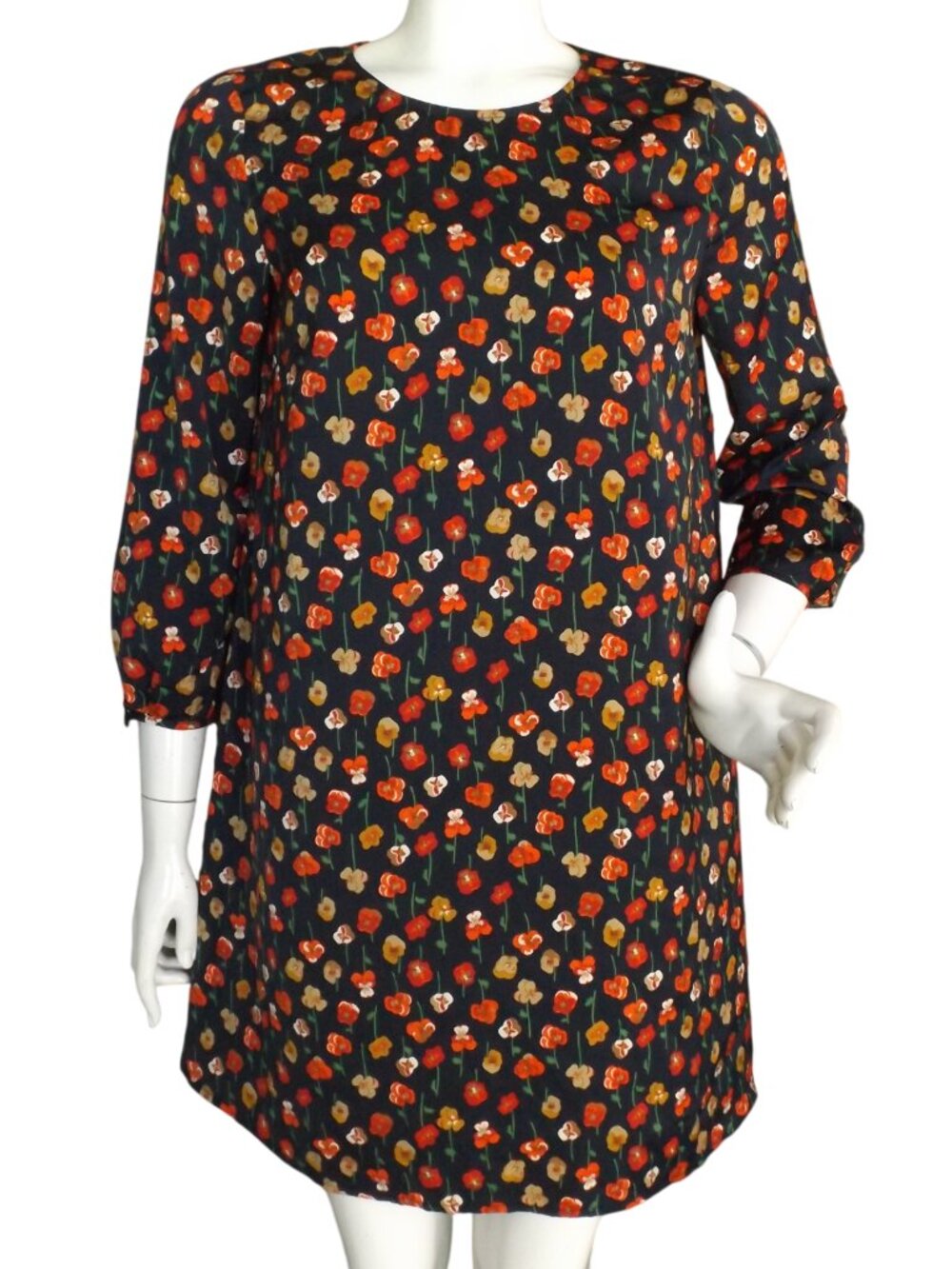 MONOPRIX Dress, 38, Blue/Multicolor pansies, Keyhole back, 3/4 sleeves, Button